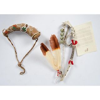 Beaded Powder Horn and Decorated Bone Bow