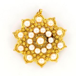 14K Yellow Gold Pearl Star Brooch / Pendant