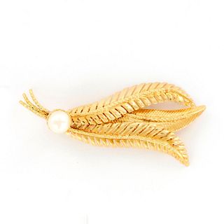 18K Yellow Gold Pearl Leaf Pin Brooch