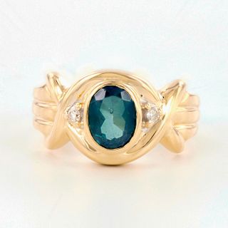 14K Yellow Gold, Green Gemstone, and Diamond Ring
