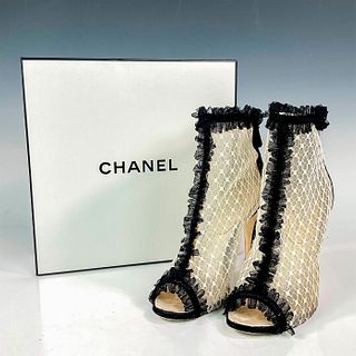 Chanel White Satin Lace Ankle Boots