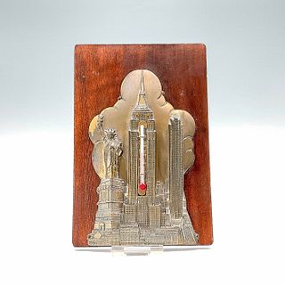 New York City Scene Relief Thermometer on Wood Wall Plank