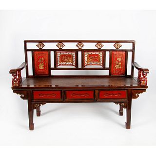 Chinese Hand-Carved Wood Loveseat