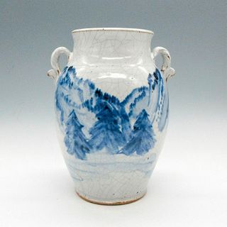 Chinese Stoneware Double Handled Blue and White Vase
