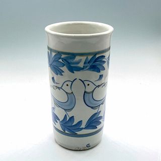 Naturalistic Ceramic Blue Birds on Off-White Background Vase
