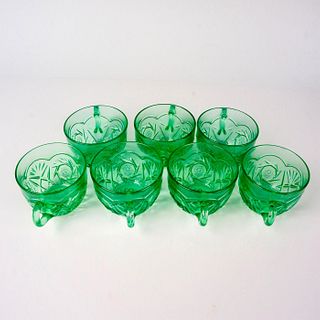7pc Green Glass Punchbowl Glasses Pinwheel and Fan