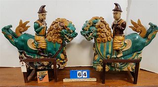 PR. CHINESE GLAZED POTTERY TEMPLE DOGS W/RIDERS 23"H X 26"W X 6 1/2" ON WOODEN STANDS
