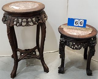 LOT 2 CHINESE MARBLE TOP CARVED WOOD STANDS 27"H X 15 1/2"DIAM & 18"H X 15"DIAM SOME PCS MISSING ON EDGE
