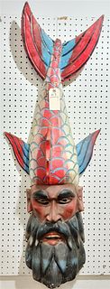 CARVED WOODEN MERMAN MASK 47" H X 18"W