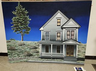 O/C GRAY HOUSE NEAR PINE TREES SGND JACQUELINE MOSES 55" X 66" '81