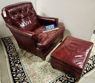 RED LEATHER CLUB CHAIR 34" H X 30'W X 22-/2"D AND OTTOMAN 13"H X 25"W X 18"D