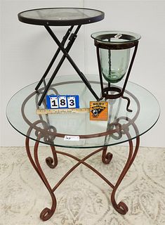 WROUGHT BASE GLASS TOP PATIO TABLE 29"H X 3' DIAM W/FOLDING METAL AND GLASS SIDE STAND 19"H X 18"DIAM WITH WROUGHT BASE GLASS VASE 16"H X 9-1/2"DIAM