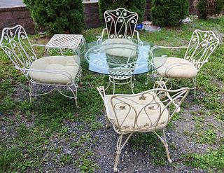 WROUGHT PATIO TABLE 29"H X 42" DIAM W/4 CHAIRS AND COFFEE TABLE