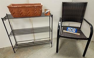 RIO PATIO CHAIR AND WROUGHT PLANT STAND 31"H X 33"W X 9-1/2"D AND TERRA COTTA PLANTER 7-1/2"H X 21"W X 8-1/2"D
