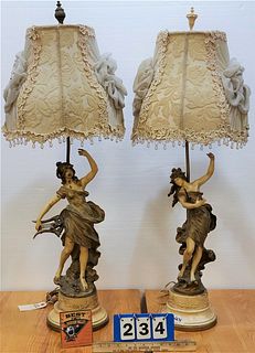 PR C1915 WHITE METAL FIGURES 19" MADE INTO LAMPS 41"