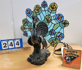 LEADED GLASS PEACOCK LAMP 15-1/2"H X 13-1/2"W X 9"D