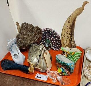 TRAY 8 PEACOCK FIGURINES HORN, CUT GLASS, TIN COSMETIC BX ETC