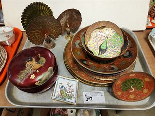 TRAY INDIAN BRASS AND ENAMEL PEACOCK FIGURINES, BOWLS, DISHES ETC, AND LACQUER BX