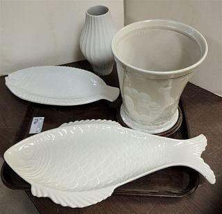 TRAY FISH PLATTERS 2' X 1' & 18-1/2" X 8-3/4", VASES 10"H X 9" DAIM AND 10-1/2"