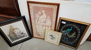 LOT 4 FRAMED PEACOCK MOTIF CROCHET 3' X 21", ICART PRINT 21" X 16" AND 2 EMBROIDERY