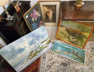 LOT 5 FRAMED ITEMS O/C SGND MAKARD 24" X 3', PASTEL SGND DE HAAS, 25" X 19", PRINT OF A NUDE WOMAN, LITHO BEACH SCENE SGND MARC CHAPAND AND O/B DOCK S