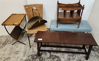 LOT FURN BENCH 17 1/2" X 42"W X 12"D UPHOLS BENCH 19"H X 34 1/2"W X 14"D, BAMBOO AND WICKER SIDE TABLE 24 1/2"H X 20"W X 13 1/2"D, WIRE FRAMED CHAIR W