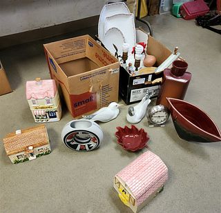LOT 2 BXS MISC. POTTERY, SERVING DISHES, PR FIGURAL LAMPS, 3 HOUSE CANNISTERS ETC