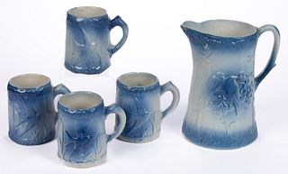 AMERICAN BLUE AND WHITE FLYING BIRDS STONEWARE FIVE-PIECE PITCHER AND MUGS SET