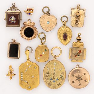 ANTIQUE / VINTAGE KNIGHTS OF PYTHIAS FRATERNAL LOCKETS / WATCH FOBS AND OTHER JEWELRY, LOT OF 13