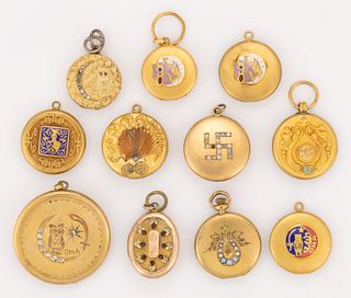 ANTIQUE / VINTAGE KNIGHTS OF PYTHIAS AND OTHER FRATERNAL LOCKETS / WATCH FOBS, LOT OF 11