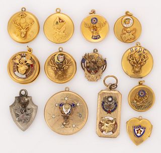 ANTIQUE / VINTAGE BENEVOLENT AND PROTECTIVE ORDER OF THE ELKS (BPOE) AND OTHER FRATERNAL LOCKETS / WATCH FOBS, LOT OF 13