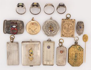 ASSORTED ANTIQUE / VINTAGE MASONIC AND FRATERNAL STERLING SILVER AND OTHER JEWELRY AND CASES, LOT OF 15