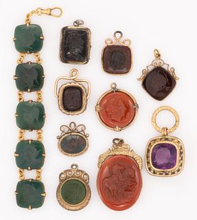 ANTIQUE / VINTAGE STONE / GLASS CAMEO AND INTAGLIO WATCH FOBS / PENDANTS, LOT OF TEN