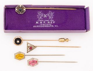 ANTIQUE / VINTAGE 10K AND 14K GOLD STONE / GLASS STONE STICK PINS, LOT OF FIVE 