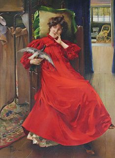 Art Nouveau Chromolithograph of Woman in Red