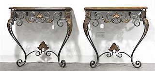 A Pair of Steel and Brass Console Tables, Height 30 x width 30 3/4 x depth 15 5/8 inches.