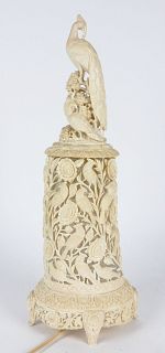 Antique Chinese Carved Ivory Table Lamp Peacock