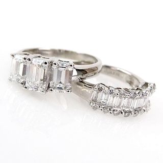 Diamond and 18 Karat White Gold Wedding Set Including a Superb 2.54 Carat Emerald Cut Three Stone Engagement Ring
