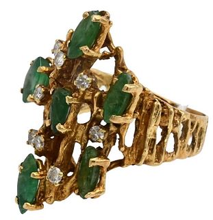 14 Karat Yellow Gold Ring with Diamonds and Emeralds
