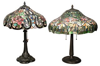 Two Slag Glass Table Lamps of Floral Design