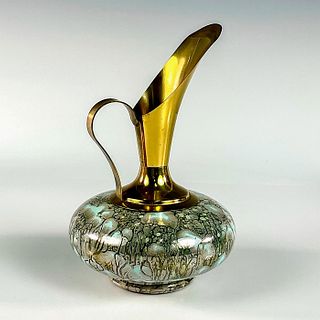 Mid-Century Delft Hand Painted Porcelain Pitcher Brass Vase