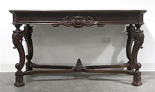 A Louis XIII Style Mahogany Library Table, Height 30 1/4 x width 50 x depth 25 inches.