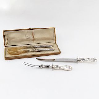 English Two (2) Part Carving Set with Sterling Silver Handles together with a French Two (2) Part Salad Servers with Sterling