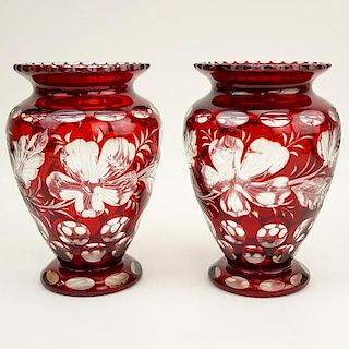 Pair of Bohemian Ruby to Clear Vases