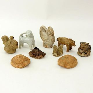 Collection of Nine (9) Early Chinese Pottery and Stone Mat Weights and Figurines