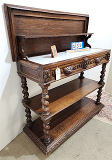 ENGLISH CARVED OAK BARLEY TWIST 2 DRAWER SERVER W/UNUSUAL FEATURE - TOP LIFTS TO REVEAL A MARBLE TOP AND FOLD OUT SUPPORTS AND FOLD DOWN SHELF 37-1/2"