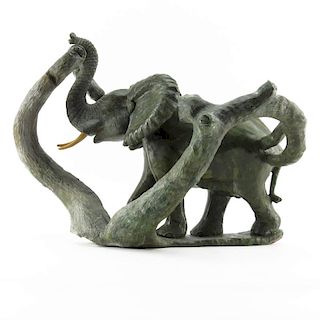 Vintage Carved Verdite Stone African Elephant Sculpture Signed Gideon