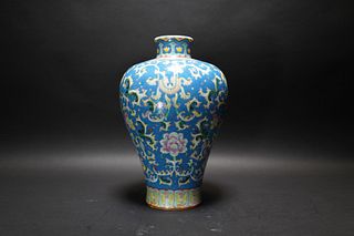 A CHINESE BLUE GROUND INLAID CARVING FLOWER MEIPING VASE, 'QIANLONG' MARK