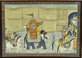 Indian Silk Painting Procession with Elephant scene 