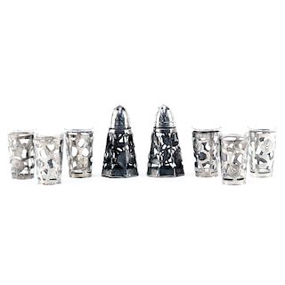 Six (6) Mexican Sterling Silver and Glass Cordials and a Pair of Mexican Sterling Silver and Glass Salt and Pepper Shakers